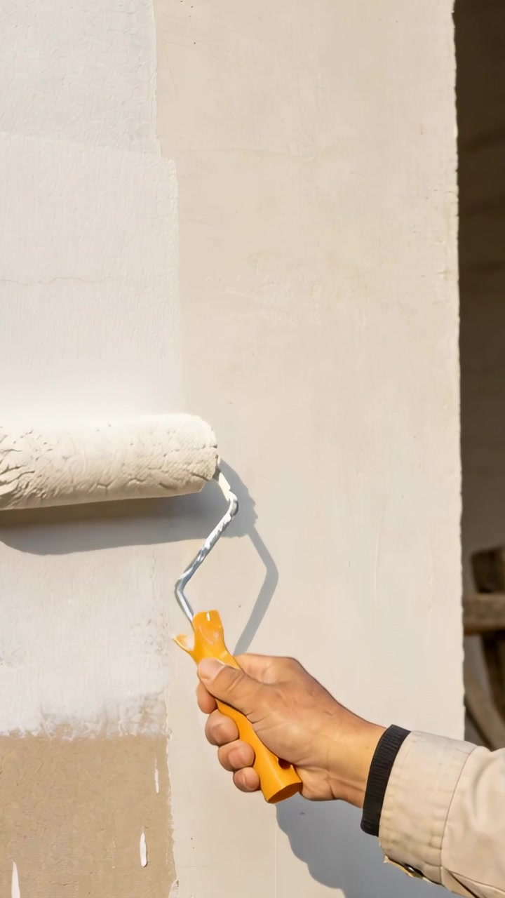 Video verticale: Rullo arancione che stende una mano uniforme sulla parete interna dall'alto.