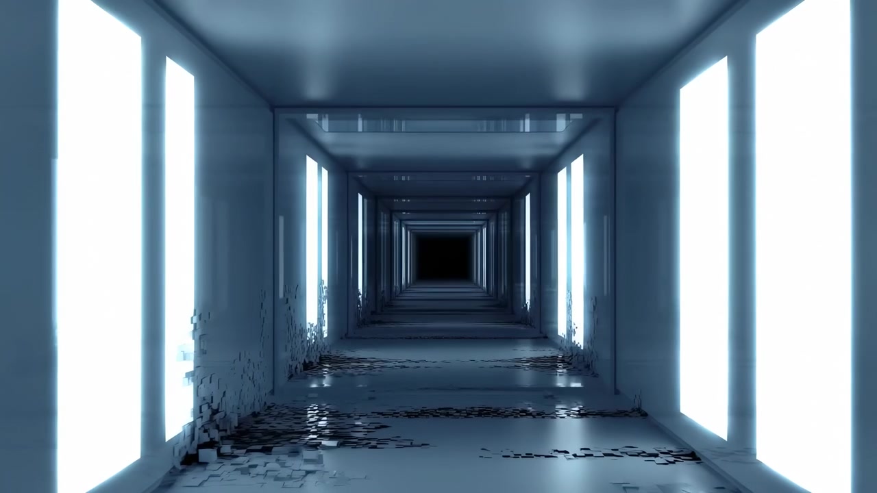Blue Lit Futuristic Corridor Interior With Glowing Vertical Panels And Reflective Walls, Cracked Floor