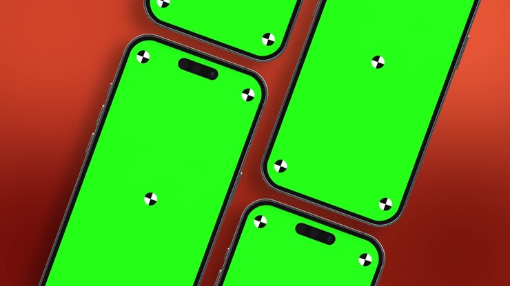 3d render of iPhone 14 Pro green screen with marks for tracking - phone rotations and movements including vertical and horizontal positions on colorful background