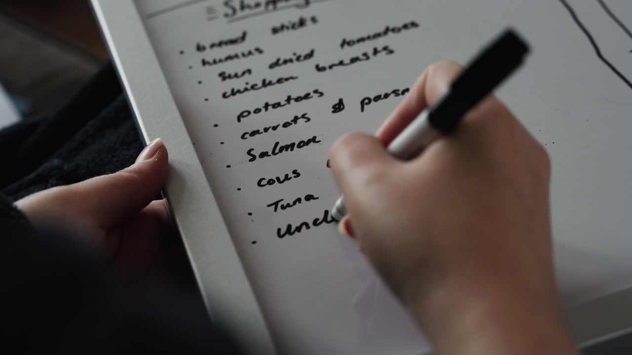 Woman writing shopping list on white board with black marker