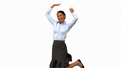 Happy-businesswoman-raising-arms-on-white-screen