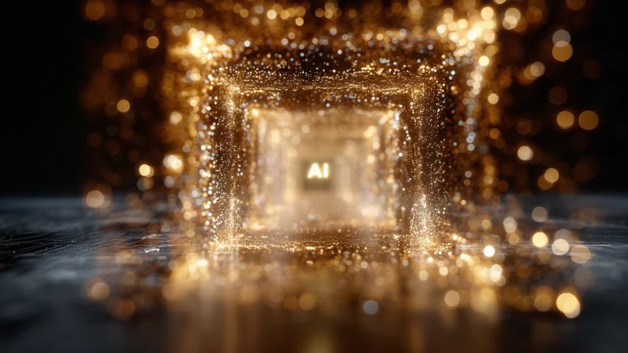 A mesmerizing visual journey through shimmering golden tunnels, highlighting the concept of AI and the limitless potential of artificial intelligence in a stunning, immersive environment