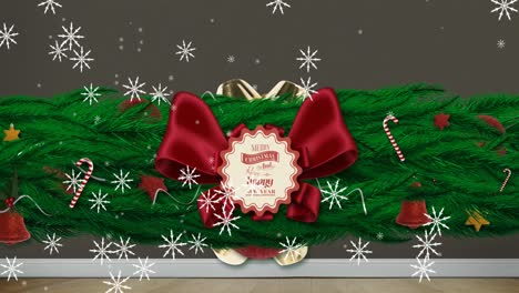 Animation-of-snowflakes-falling-over-merry-christmas-text-banner-and-christmas-decorations