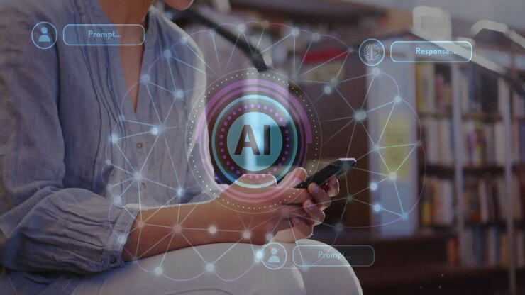 animatie van ai tekst en gegevens over biraciale vrouwelijke student met behulp van smartphone