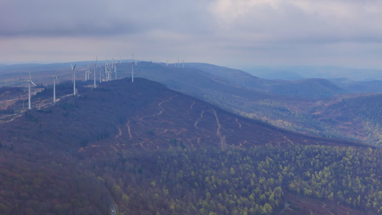 Mountaineer Wind Energy Center with turbines on mountain ridge in Thomas, West Virginia, USA