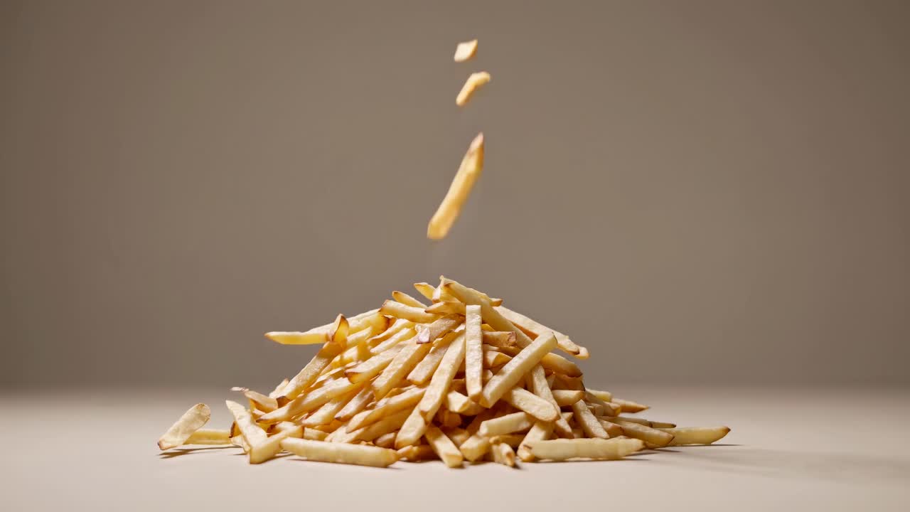 Slow-motion video of fries falling against a neutral background, captured from a low angle