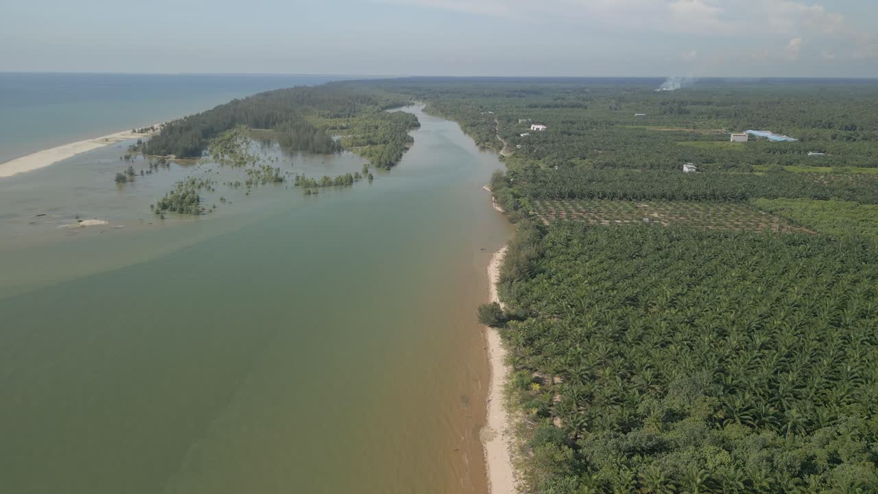 Aerial Drone View During Summer Alit Fishing Village,Kabong With, Facing Open Blue Sea, White Sandy Beach,Green Coconut, Palm Trees,And River,Sarawak,Borneo