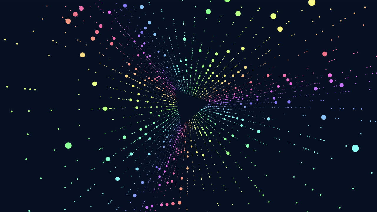 Particelle colorate astratte e punti luminosi che si irradiano da un tunnel centrale su uno sfondo scuro, creando un movimento dinamico per tecnologia, musica e immagini futuristiche.