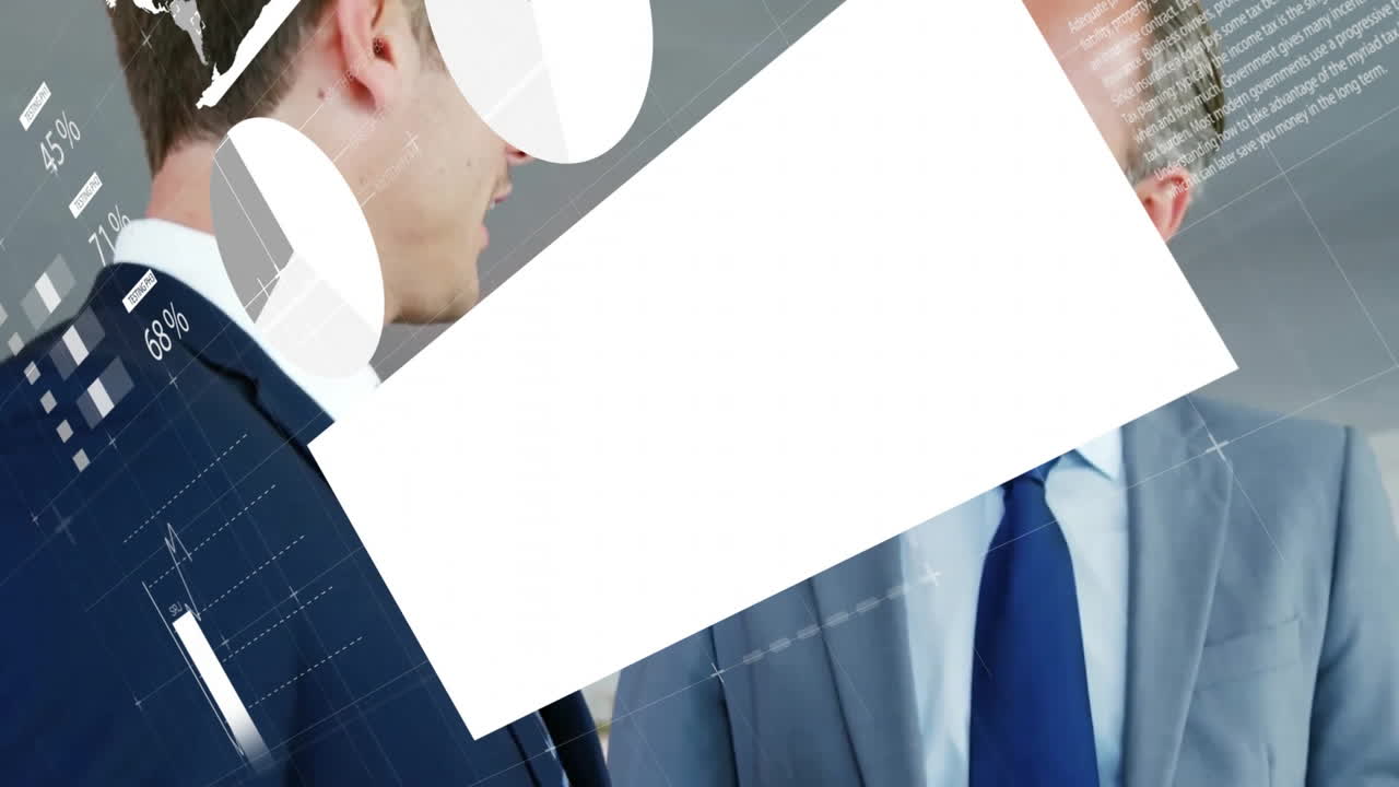 사무실에서 점심을 먹는 백인 동료들에 대한 금융 데이터 처리의 애니메이션