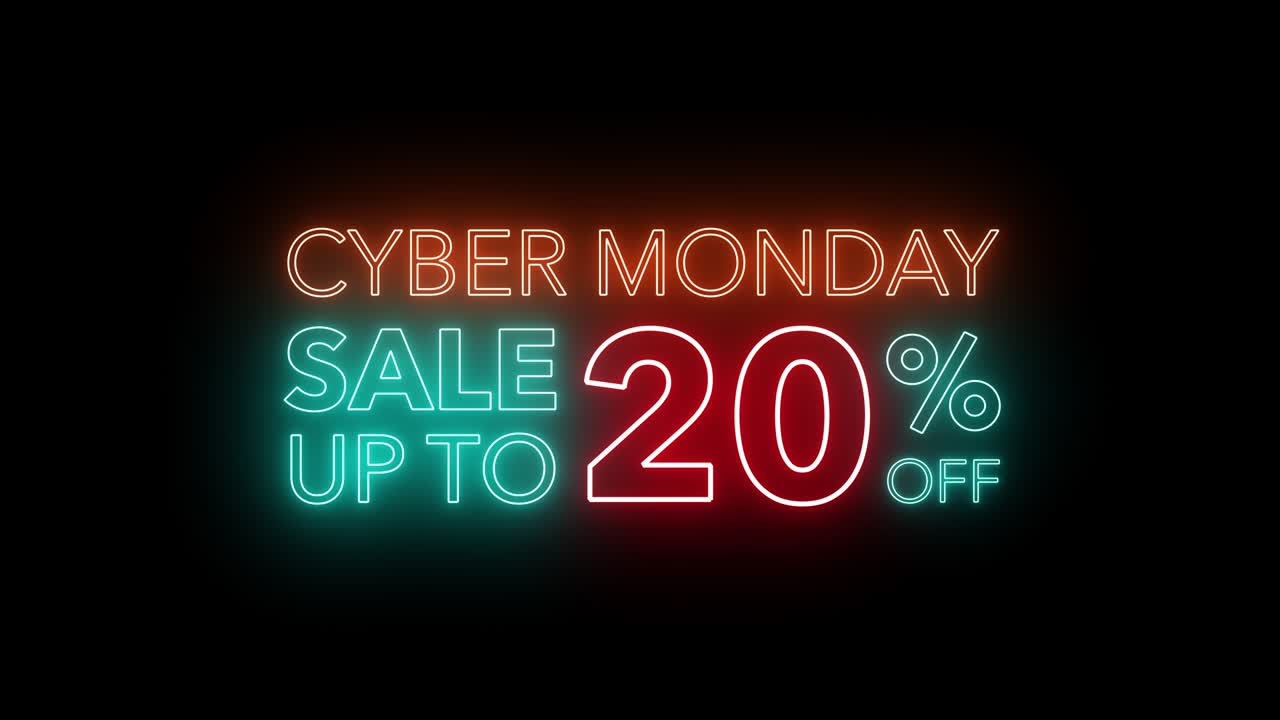 Animazione lampeggiante di un banner in movimento con insegna al neon colorata e fiammeggiante per la svendita del Cyber Monday con sconti fino a una certa percentuale, su sfondo nero, per video promozionale. Concetto di serie di promozioni del marchio con sconti dal 10 al 90%.