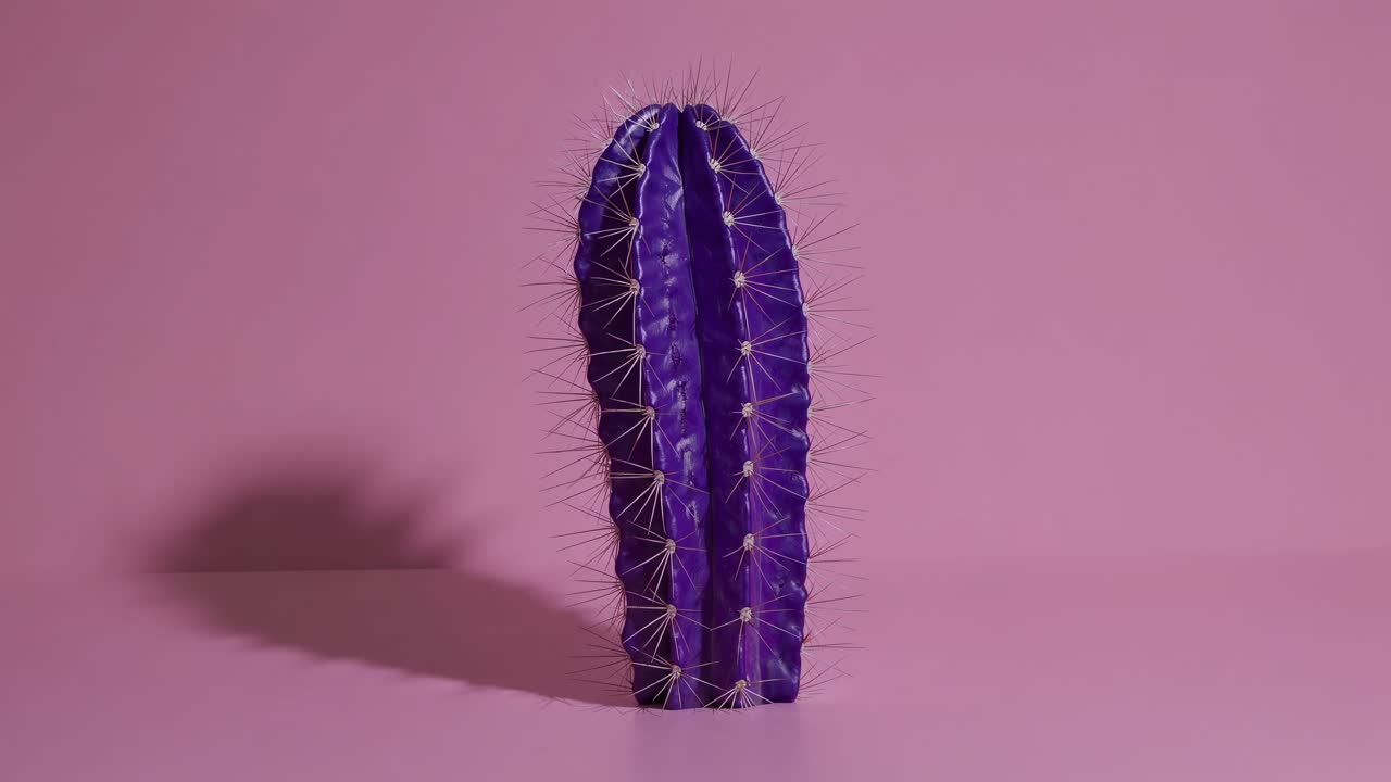 Purple cactus with striking thorns rising against a vibrant pink background, casting intriguing shadows, embodying a minimal and surreal artistic concept