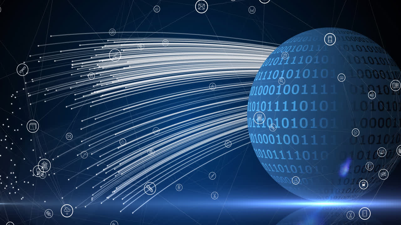 Animation of network of connections with digital icons over globe in background