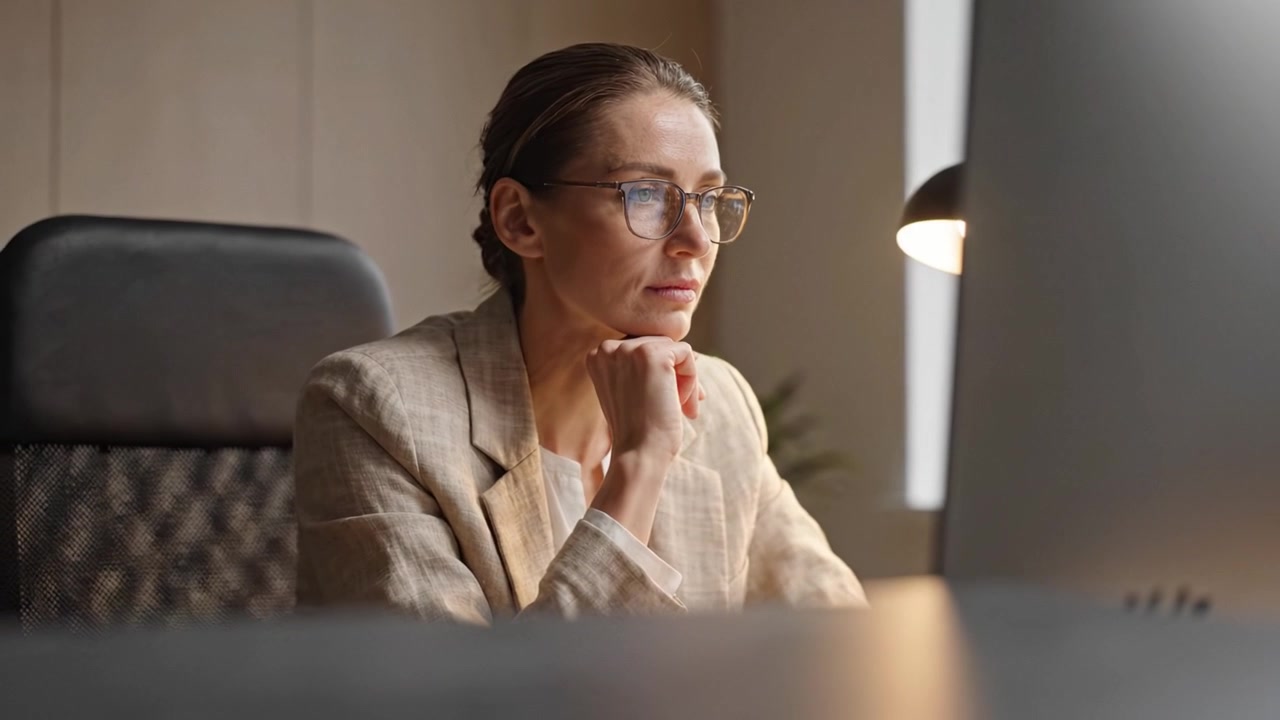 Focused Professional Woman Engaged in Thoughtful Reflection While Working at Her Desk with Computer in Modern Office Setting
