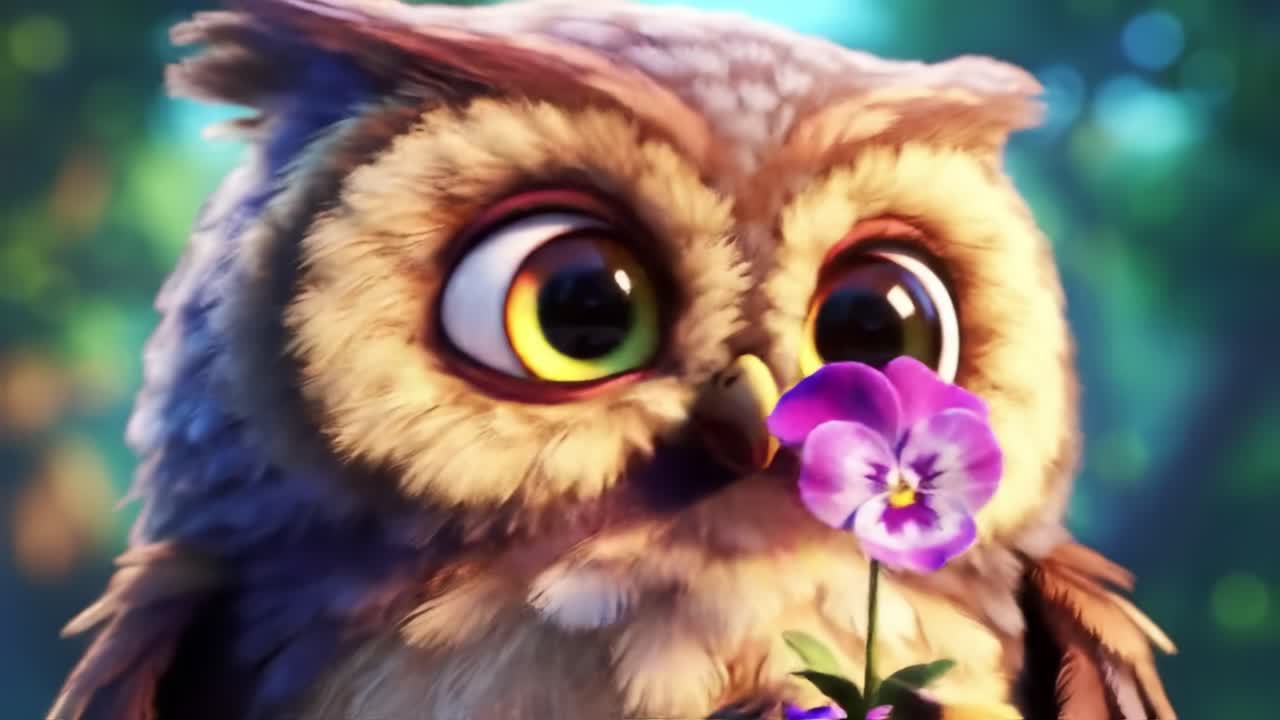 A Charming Animated Owl with Big Eyes and Soft Feathers Smelling a Delicate Purple Flower in a Lush, Vibrant Forest Setting