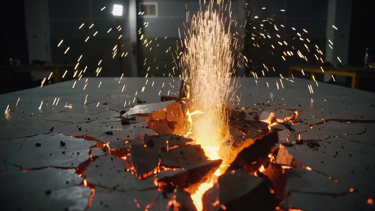 Fessura incandescente in una lastra di cemento che si intensifica, spruzzando braci durante la fabbricazione in officina