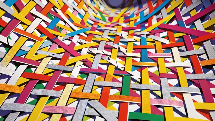 Pulling back camera revealing colorful woven paper strips on studio tabletop, exposing tunnel