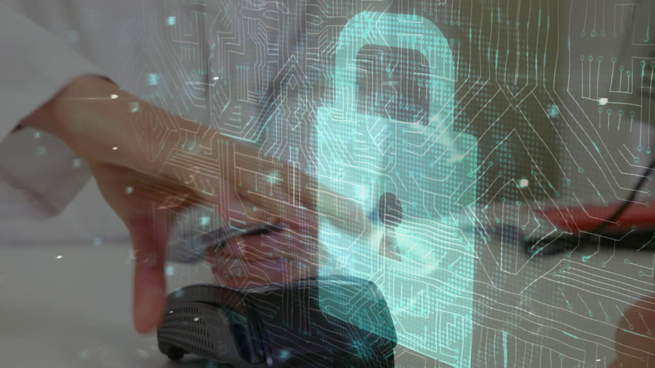 animación del candado de seguridad de la red sobre las personas que utilizan el terminal de pago