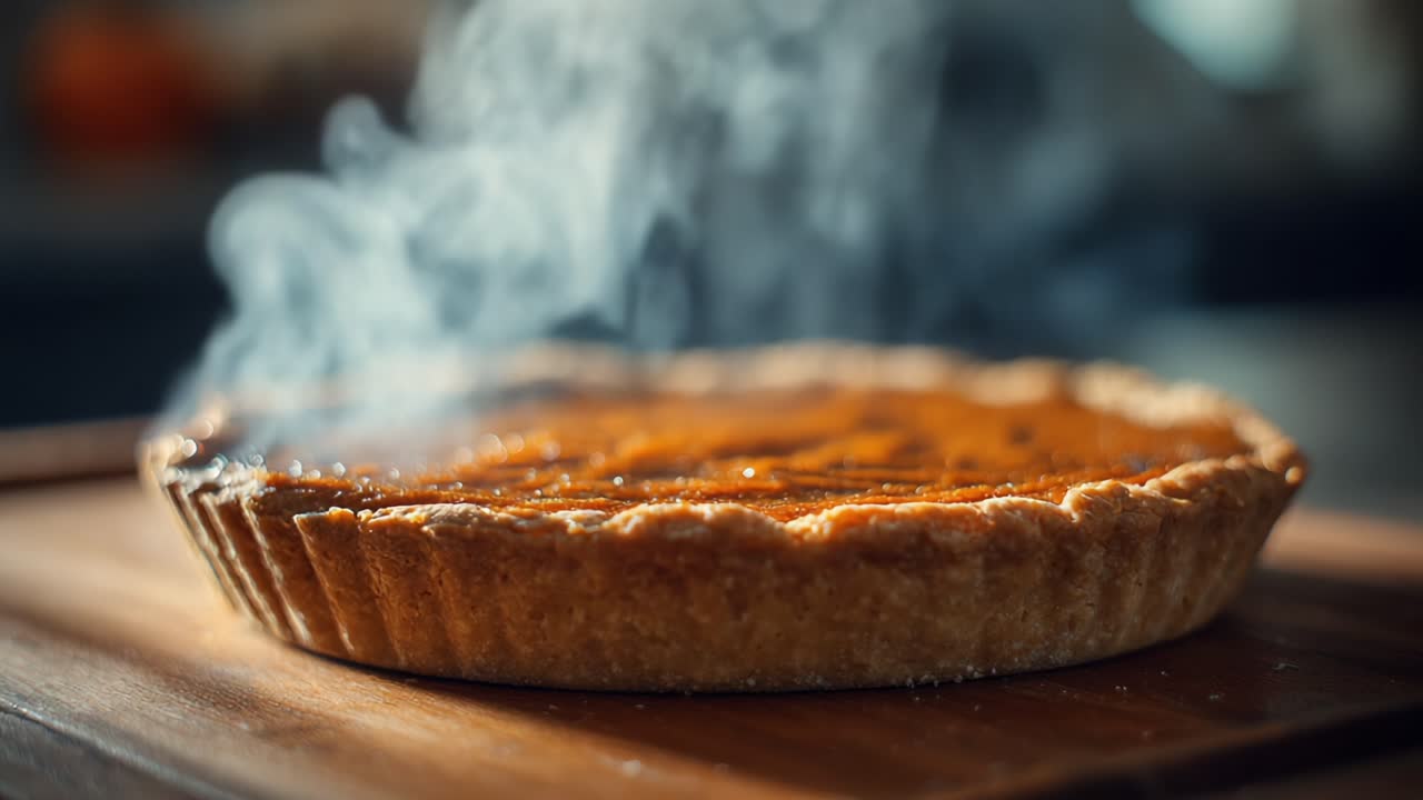 A freshly baked pumpkin pie, with steam rising delicately and showcasing its golden-brown crust, sits elegantly on a wooden surface, inviting warmth and comfort
