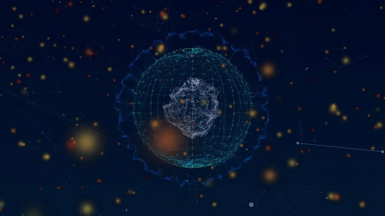 Animation of yellow spots of light over network of connections with globe
