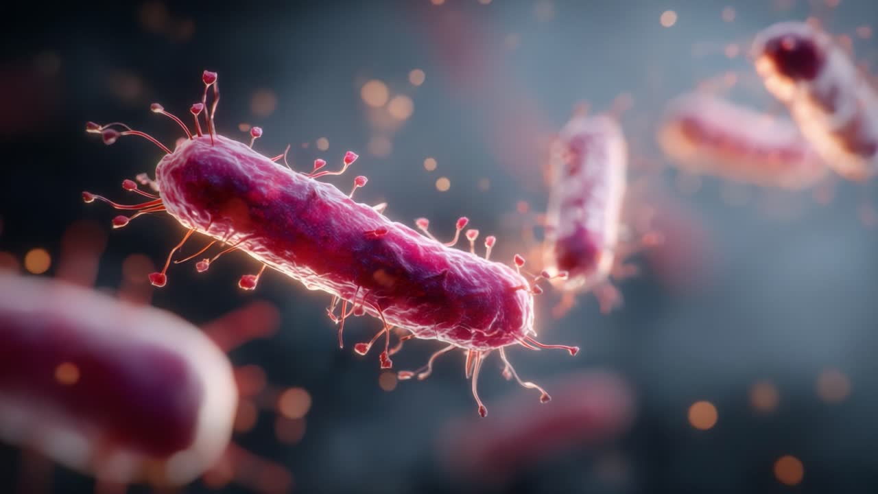 Primo piano vivido di batteri in movimento: Un'esplorazione microscopica della vita microbica e delle sue intricate strutture sotto una lente ad alta definizione