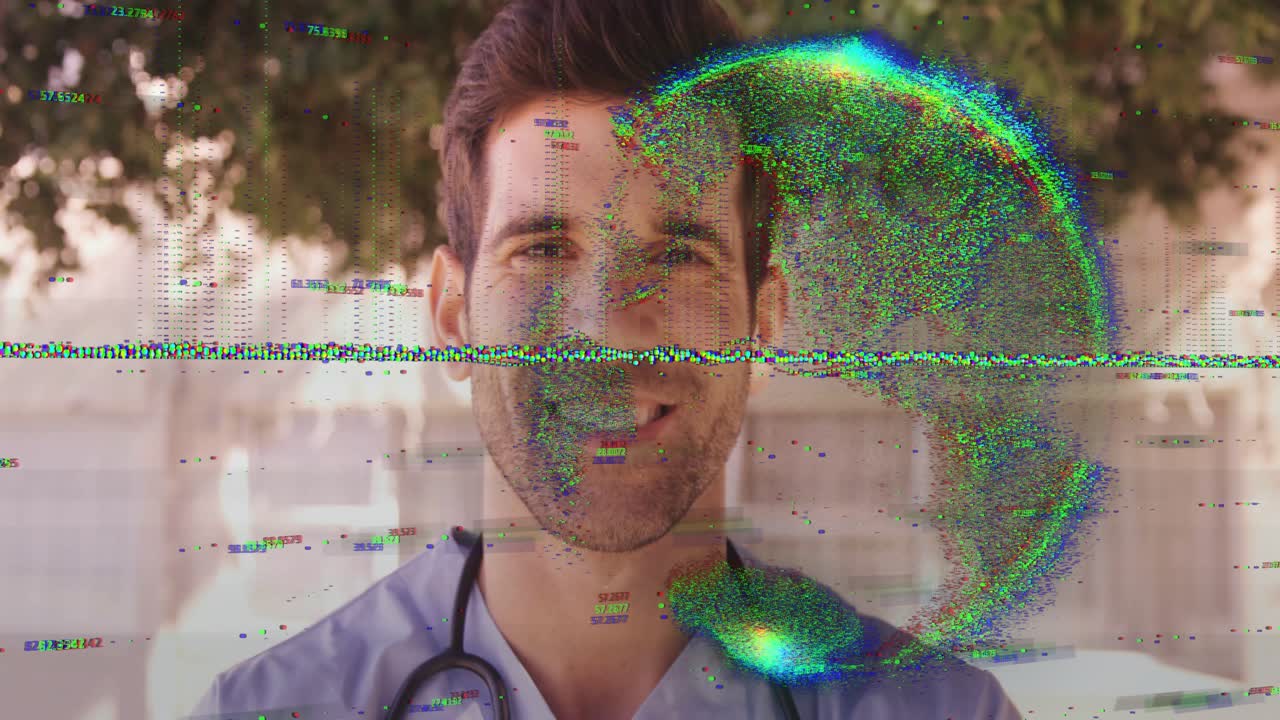 Glitch digital en barrido, globo giratorio retrocediendo revelando a un médico con estetoscopio al aire libre.