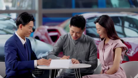 happy couple with attractive auto dealer in a suit presenting new car model to his client, shake hands with salesman and take key to new car