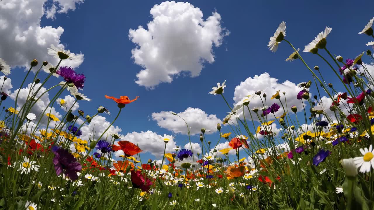 Video girato dal basso angolo di campo di vivaci fiori di campo su un cielo blu brillante con nuvole soffici