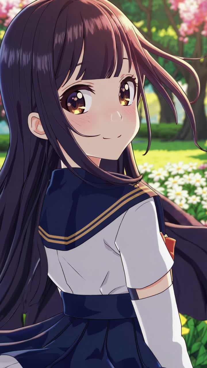 Ragazza in stile anime in uniforme scolastica, ripresa da un'angolazione bassa, che si volta indietro