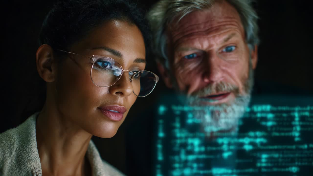 In a dimly lit environment, a woman with glasses and a man with a beard focus intently on a glowing computer screen displaying intricate code, showcasing collaboration and concentration in a technological setting