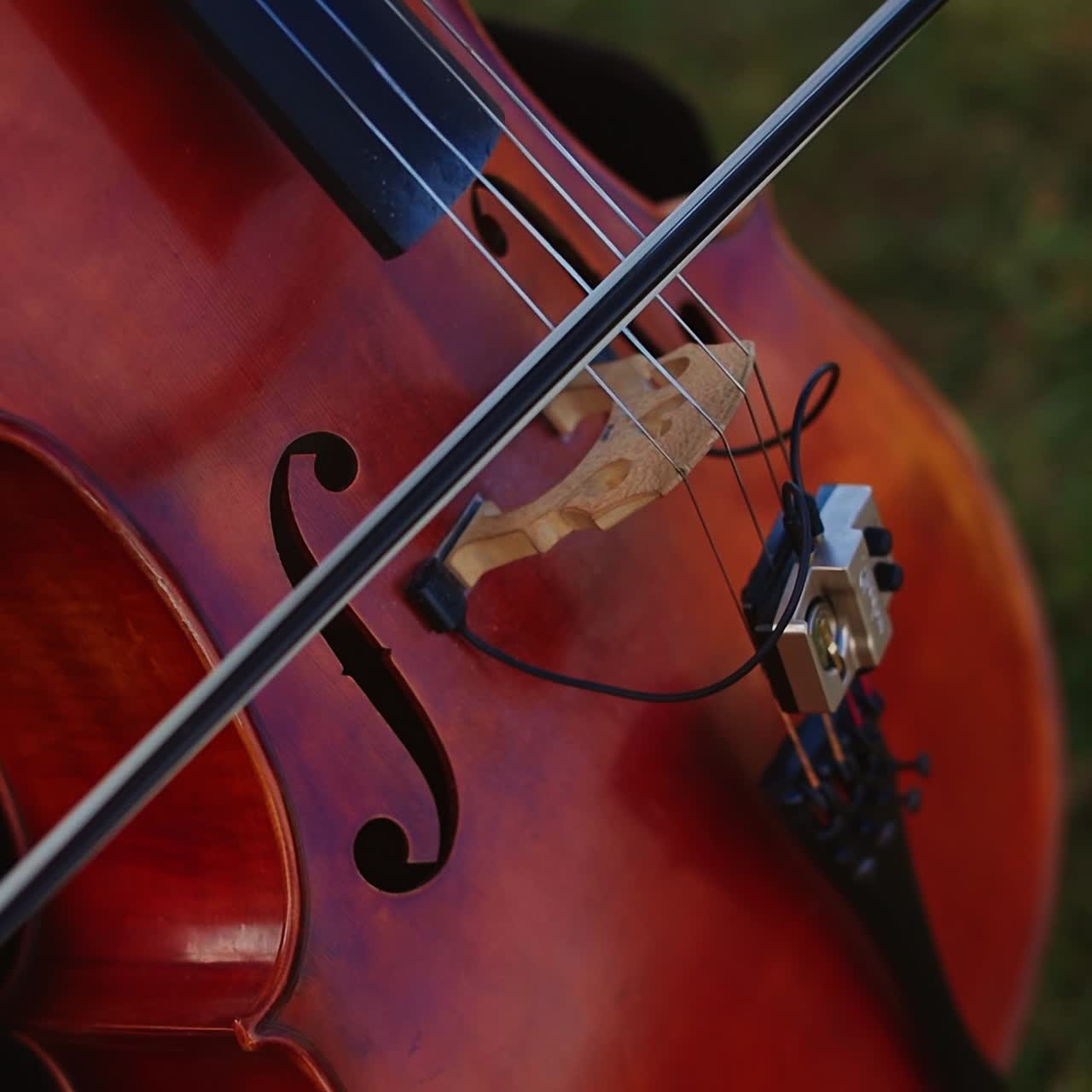 Musician playing classical music on bass-viol. Woman in black clothes moves the bow by the cello strings. Close up. Green grass backdrop in blur