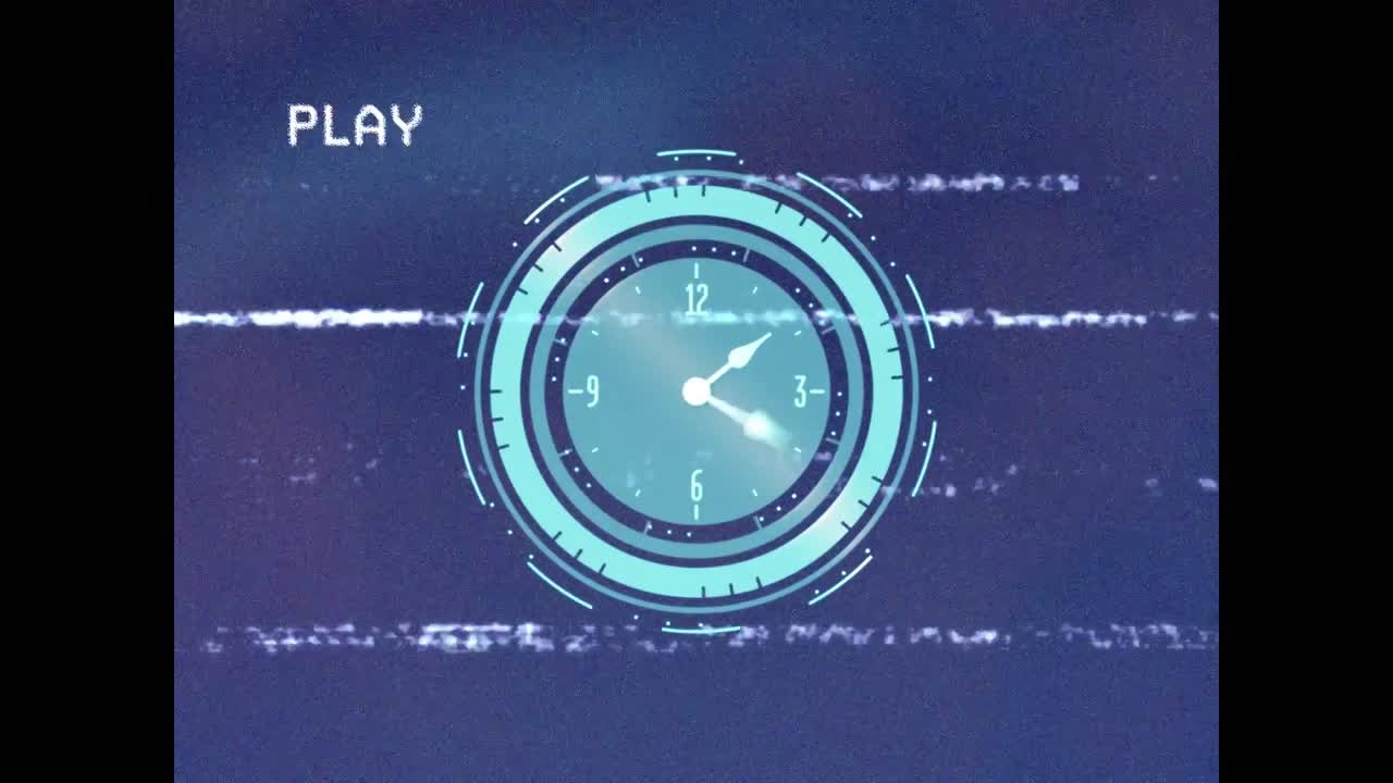 Animation of vhs glitch effect over neon ticking clock against blue background