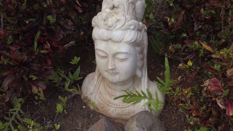 the white marble bust of buddha sits among the plants and stones of a garden