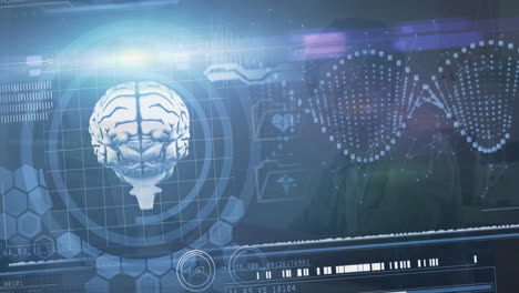 animation of data processing with digital brain over african american man using laptop
