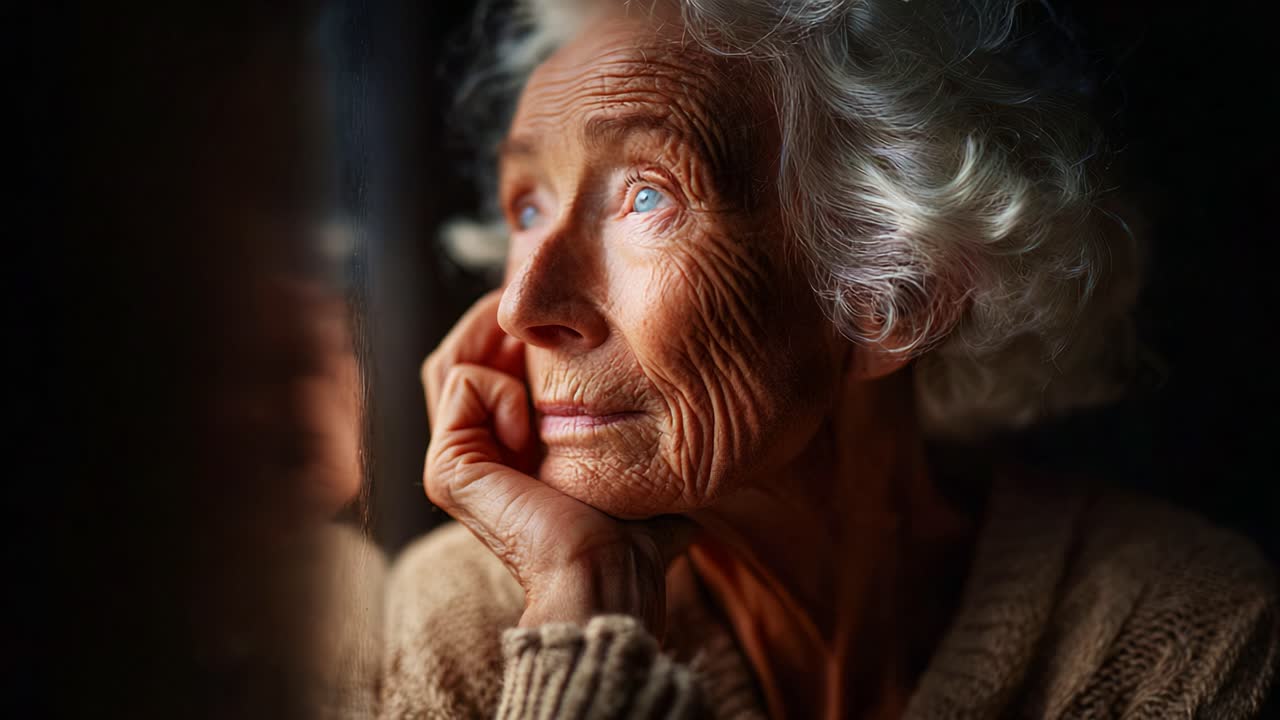 Momento di riflessione: un'anziana pensierosa guarda in lontananza, contemplando la vita e i ricordi con un'espressione di saggezza ed esperienza, avvolta nel calore e nell'introspezione