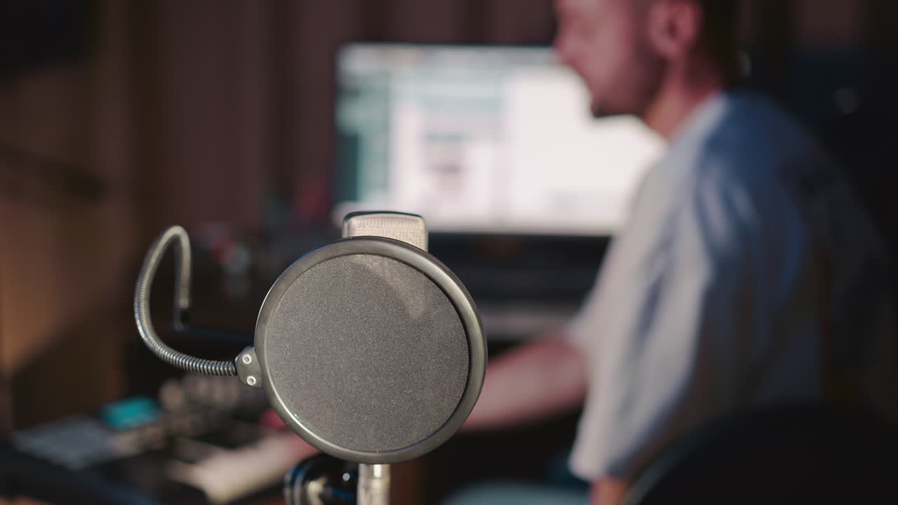 사운드 디렉터는 녹음 스튜디오에서 일합니다. 남자는 싱 콘솔과 컴퓨터를 사용하여 오디오 트랙을 조정합니다. 마이크에 초점을 맞추십시오. 음악 제작 과정