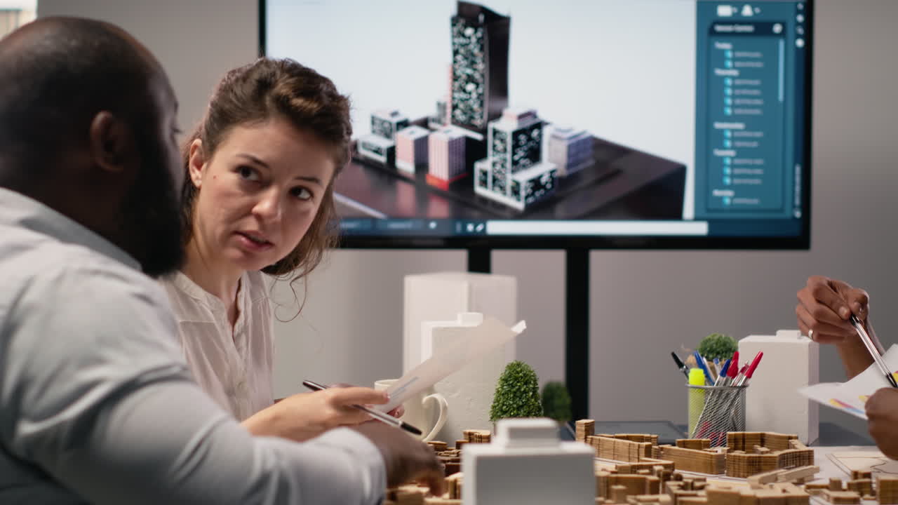 Vertical Video Diverse engineers team go over structural real estate city planning