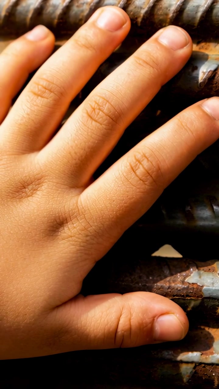 Vertical video: Placing child's left hand onto rusted ribbed metal fence, exploring rough texture