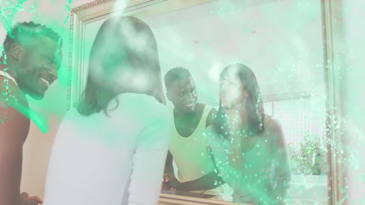Superposition turquoise révélant des visages, trois amis se penchant devant un miroir pour vérifier leur beauté.