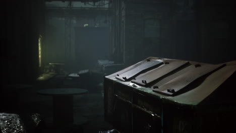 misty alleyway at night with a trash container and soft lighting
