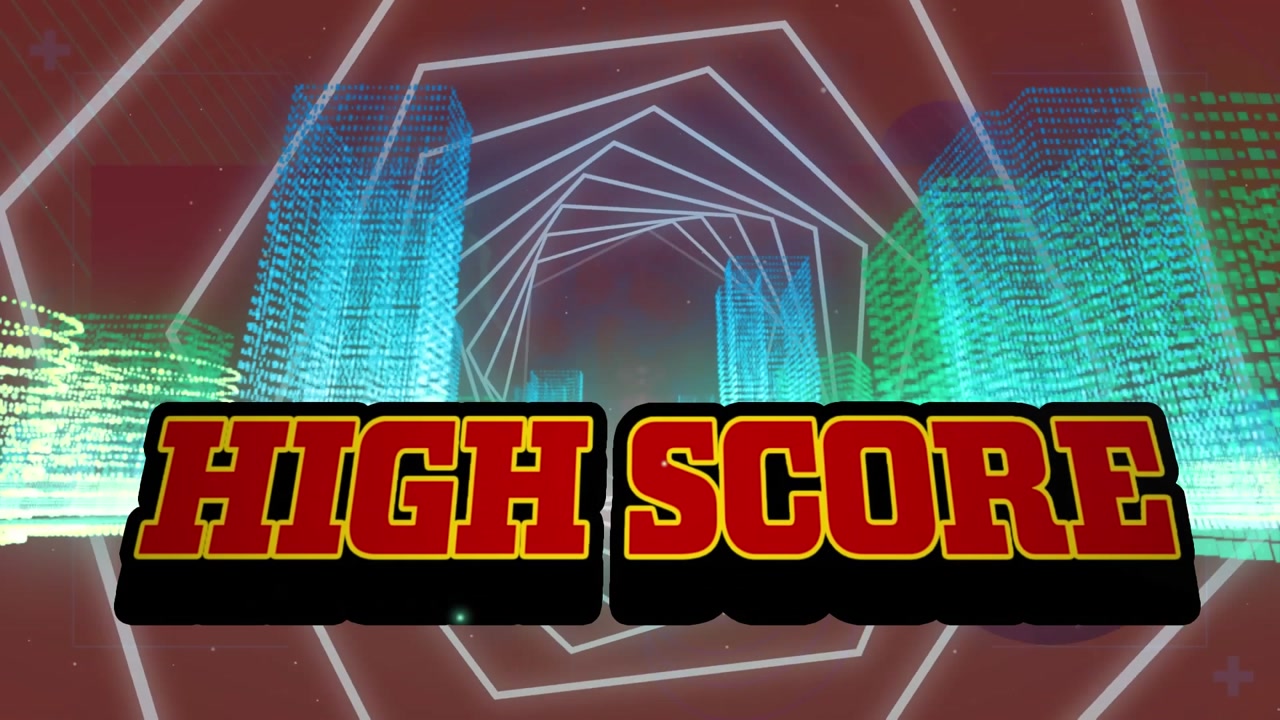 Animation of high score text over looping hexagon tunnel against illuminated 3d buildings
