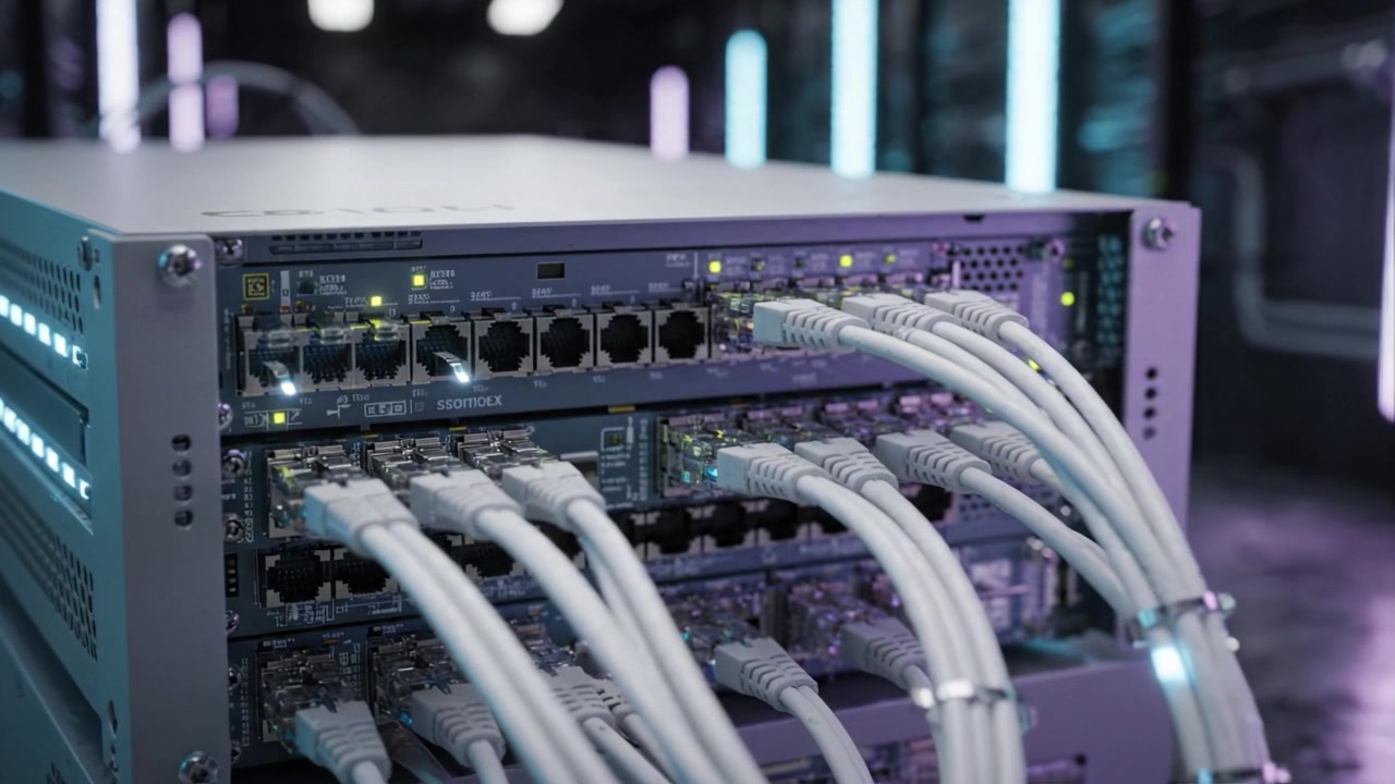 Advanced Networking Equipment Showcased in a High-Tech Server Room Environment with Illuminated Cables and Modern Infrastructure Features