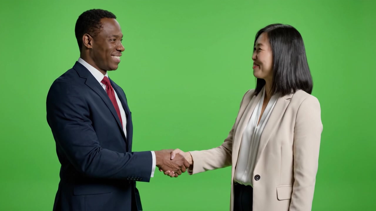 Engaging Conversation Between Two Professionals in Front of a Green Screen. Dynamic Expressions and Interaction Showcase a Positive and Collaborative Atmosphere.