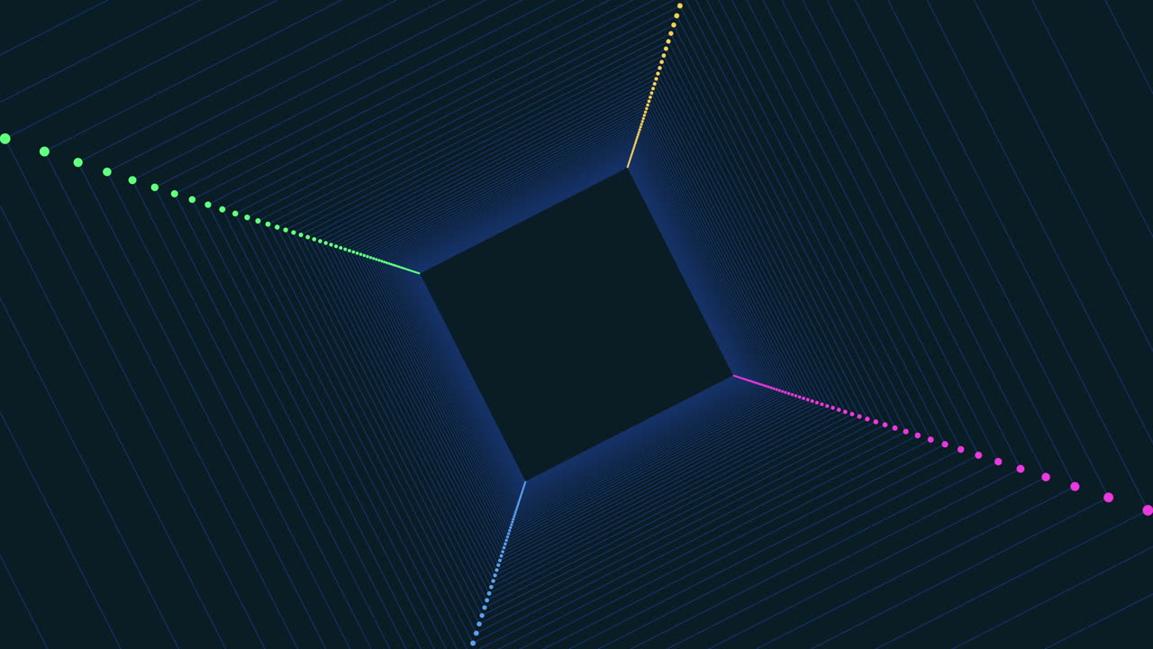 Spinning abstract rainbow cubes in dark hole with neon dots on black gradient