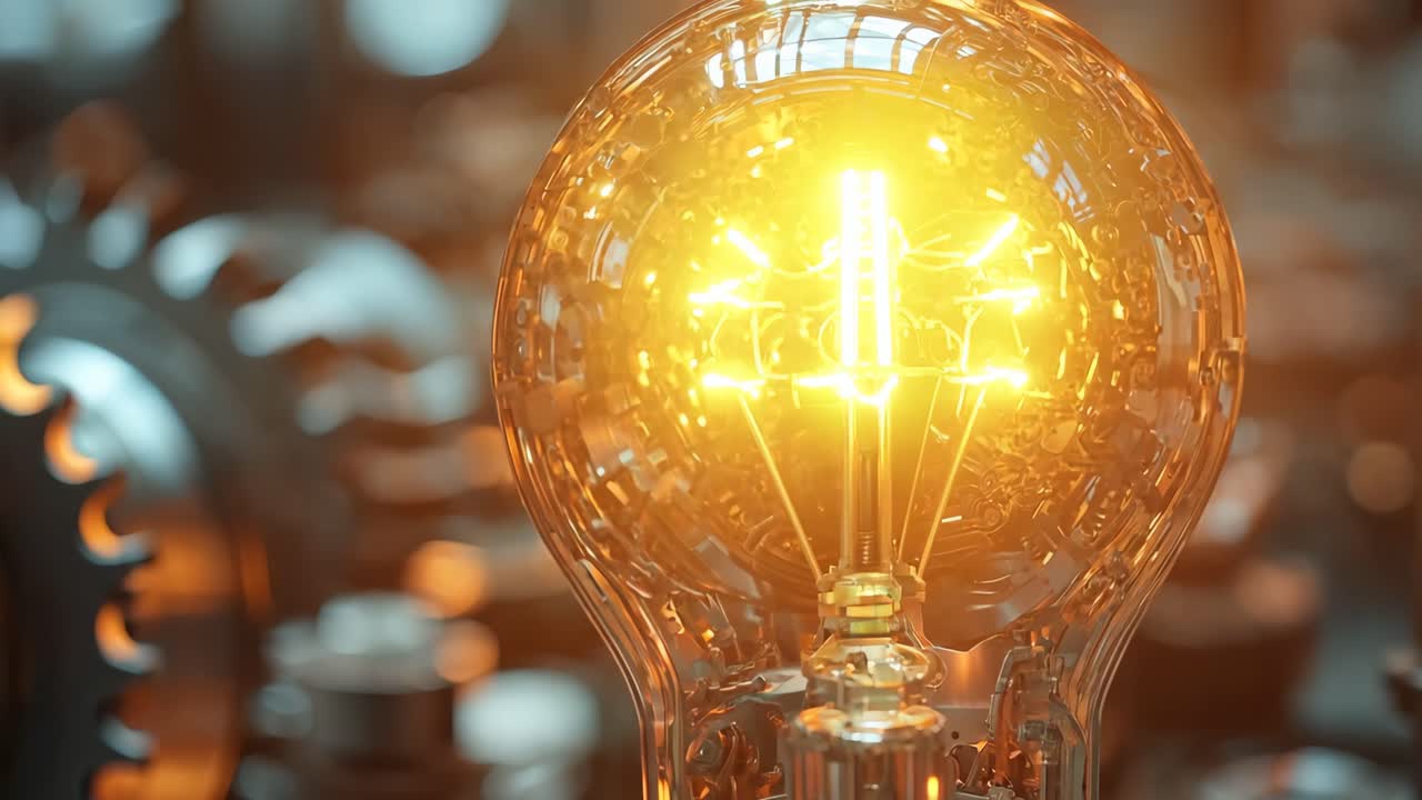 A light bulb is lit up in a room with a lot of machinery. The light bulb is surrounded by gears and other mechanical parts. The scene gives off a feeling of industrialization and technology