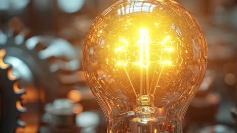 a light bulb is lit up in a room with a lot of machinery. the light bulb is surrounded by gears and other mechanical parts. the scene gives off a feeling of industrialization and technology