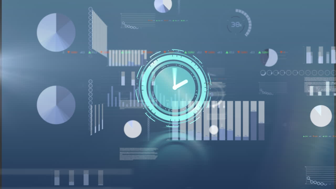 Animation of clock running on digital interface with infographic data, graphs, charts