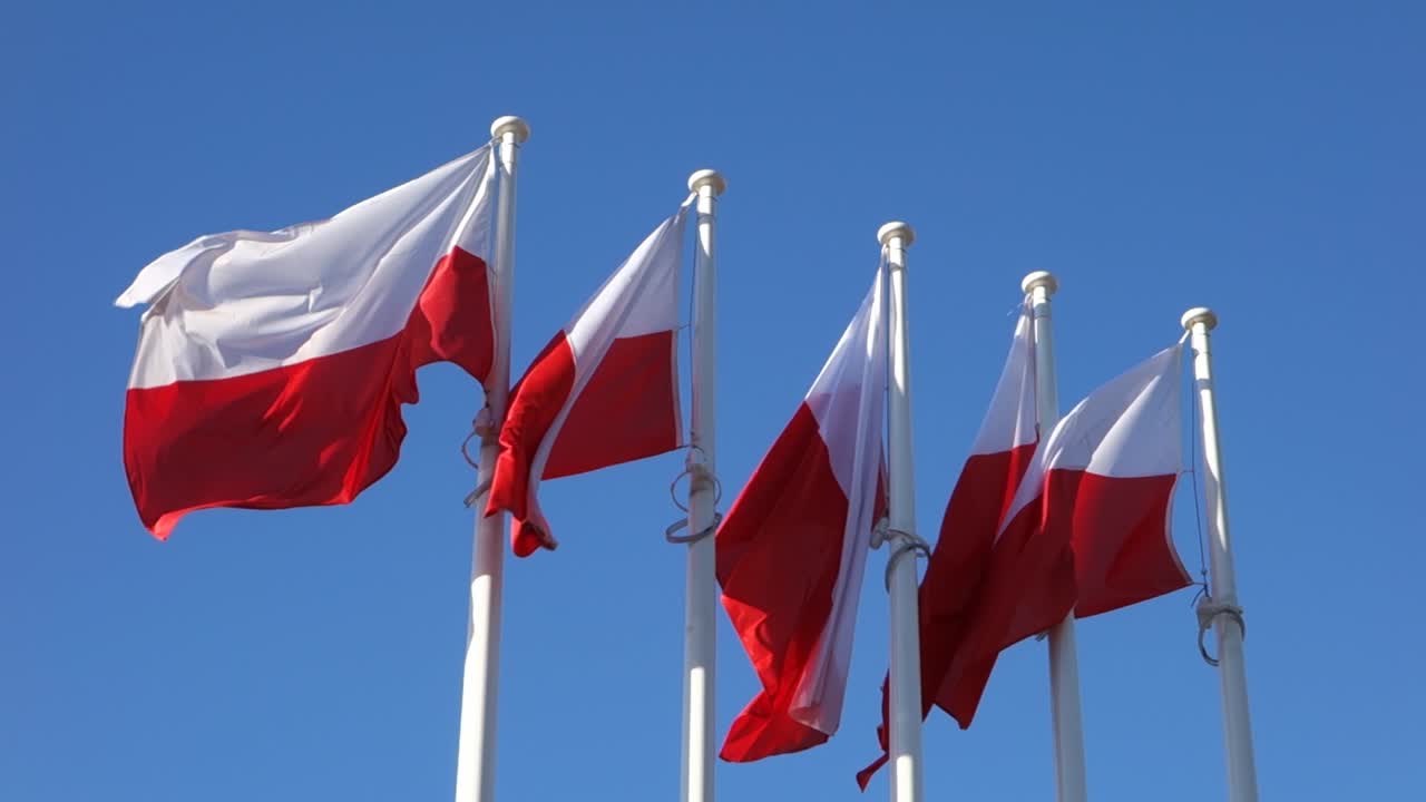 강한 바람에 발 기둥에 5개의 폴란드 발이 느린 동작 효과로