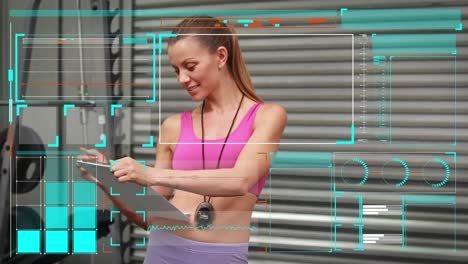 animation of data processing on screens over caucasian female fitness instructor