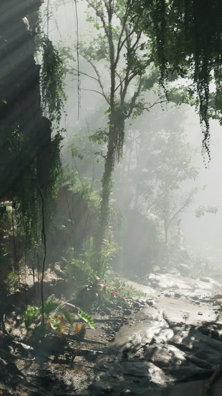 울창한 정글에서 안개를 통해 빛