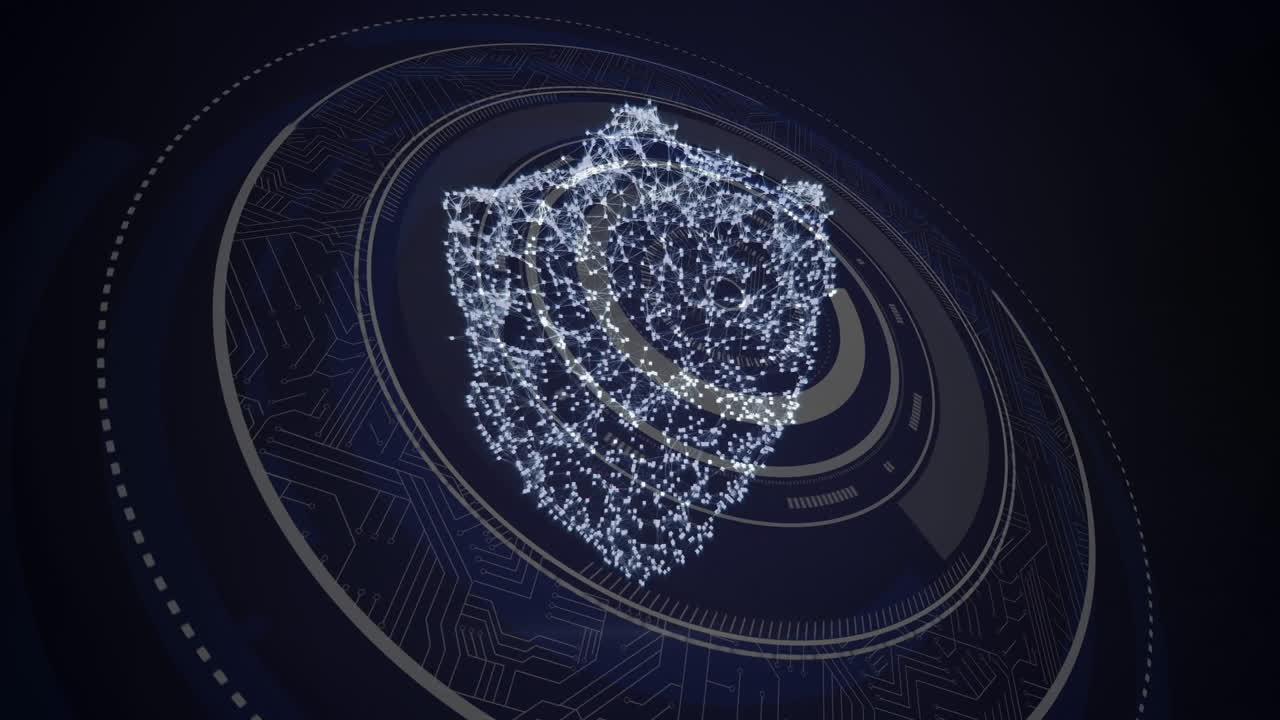 Animation of digital shield over black background with rotating circles